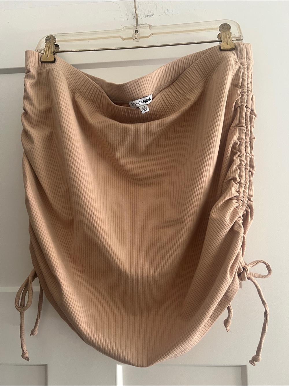 Fashion Nova Ribbed Midi Skirt with Side Drawstrings — Beige